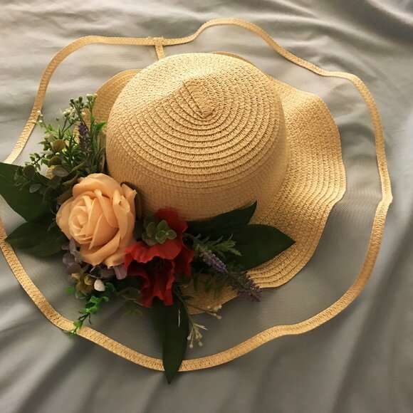 NEW Straw  brimmed  hat w  silk flowers One of a kind - Picture 2 of 5